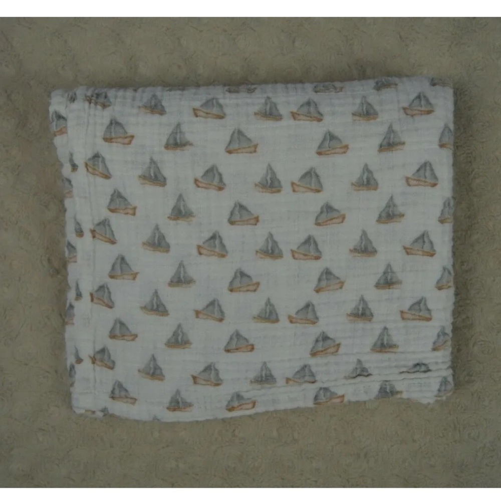 Modern Baby Sailboats Baby Swaddle Blanket White Gray Muslin Cotton Lovey